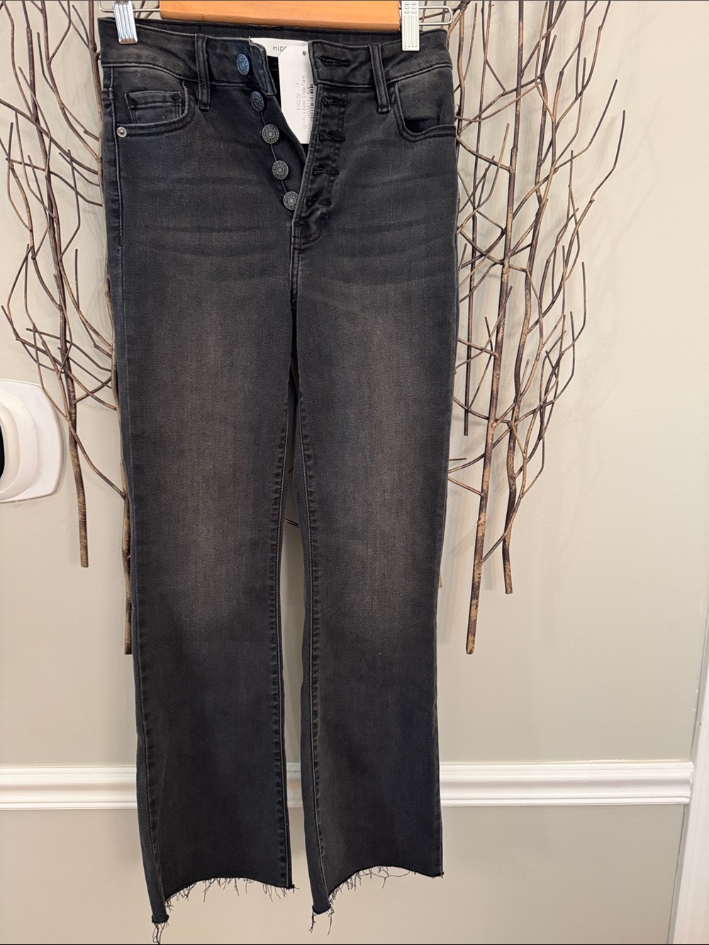 High-Rise Straight Leg Jeans in Black with Button-Fly